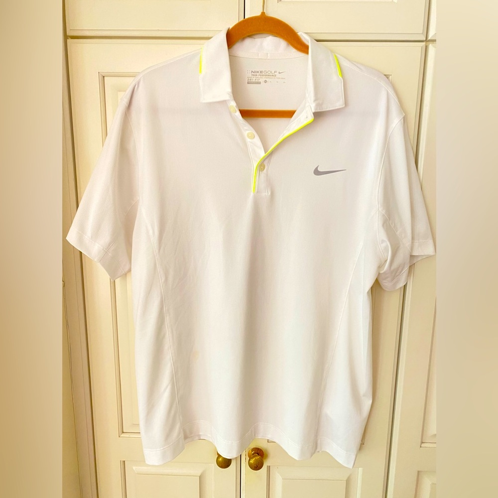 Nike Golf Polo Shirt White neon yellow pipes Dri-FIT men's XL